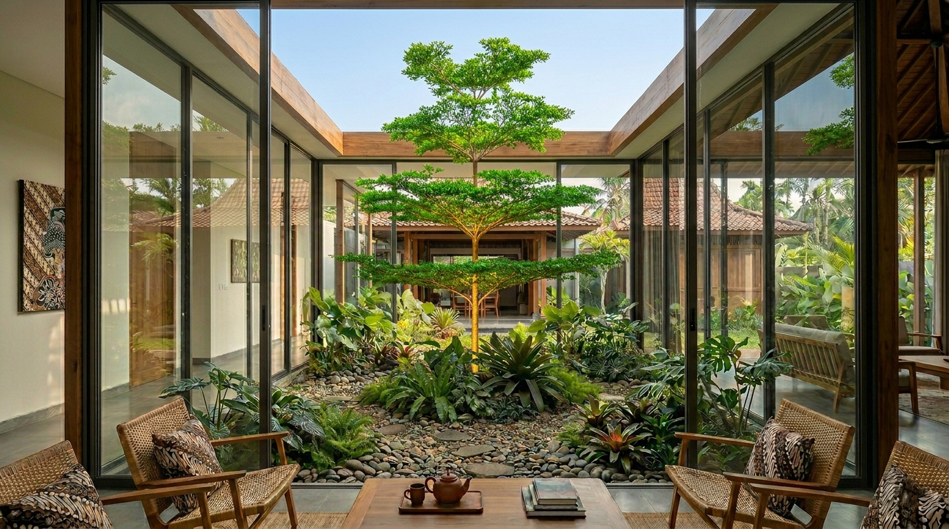 Desain rumah dengan inner courtyard tropis privat untuk integrasi alam